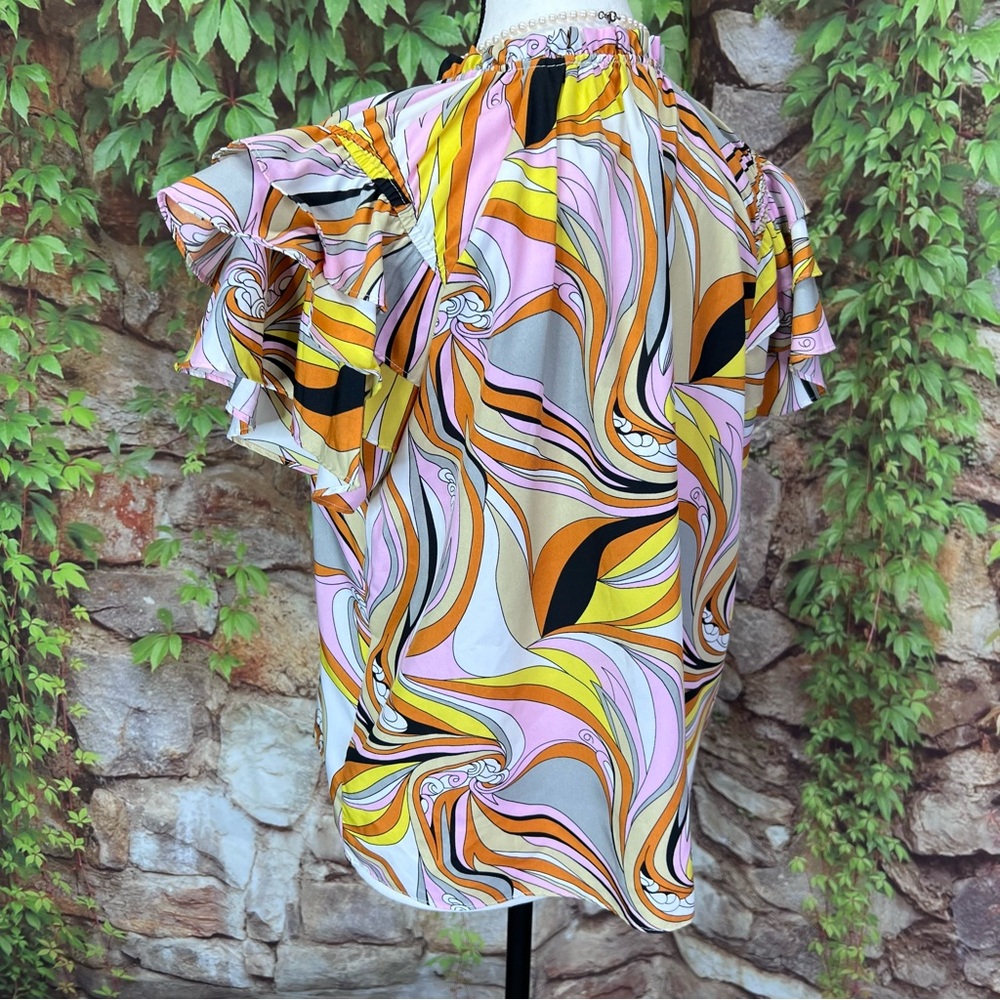 BEFORE YOU WITH LOVE Retro 60s Pattern Multicolor Ruffle Sleeve Blouse, S - Picture 7 of 10